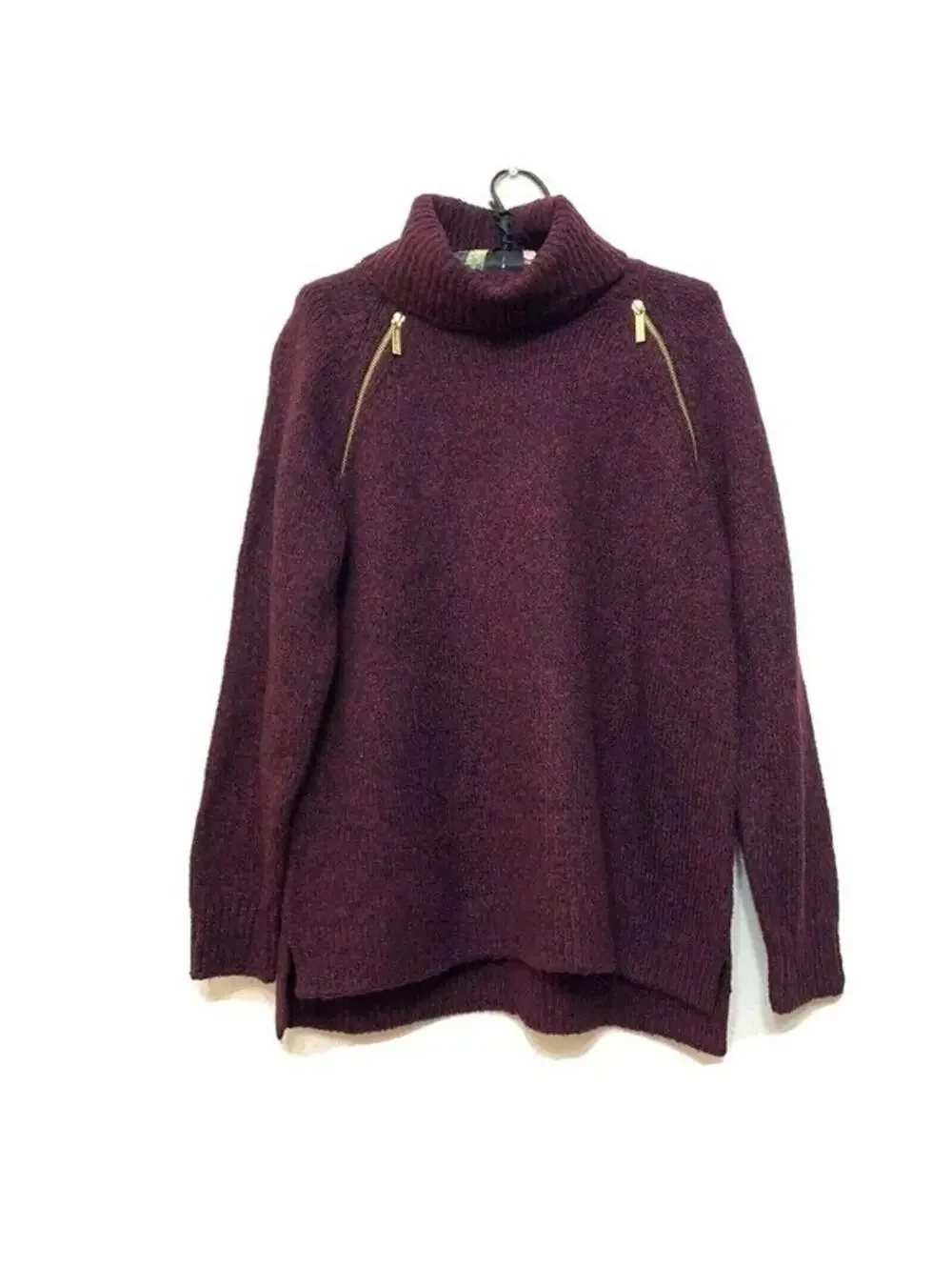 NWT Michael Kors Burgundy Turtleneck Sweater Gold Zip Shoulder XL Knit Pullover